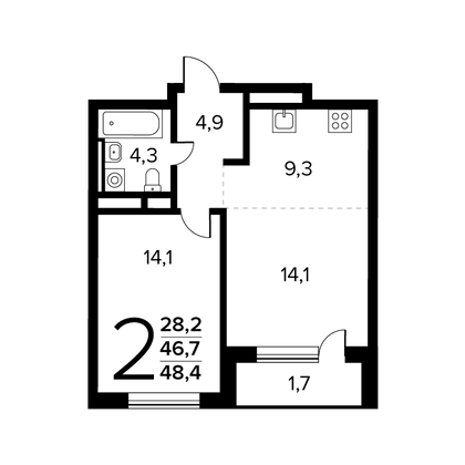 48,4 м², 2-комн. квартира, 3/14 этаж