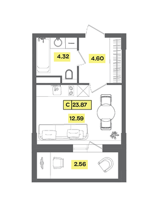 Продажа квартиры-студии 23,9 м², 6 этаж