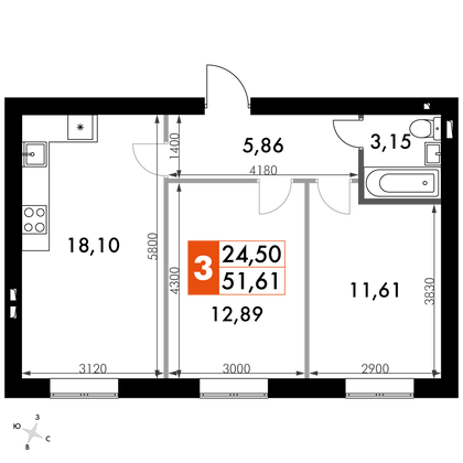 51,5 м², 2-комн. квартира, 1/4 этаж