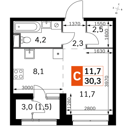 30,3 м², студия, 18/26 этаж