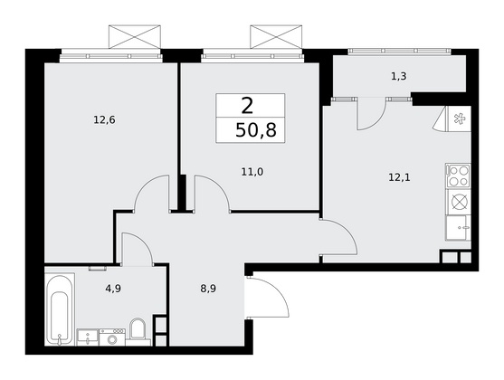 50,8 м², 2-комн. квартира, 14/15 этаж