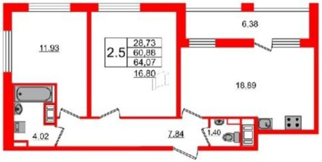 Продажа 2-комнатной квартиры 67,2 м², 6/11 этаж