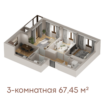 67,4 м², 3-комн. квартира, 2/10 этаж