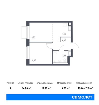 34,3 м², 2-комн. квартира, 8/17 этаж