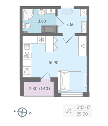 Продажа квартиры-студии 25,5 м², 16/24 этаж