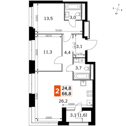 67,1 м², 3-комн. квартира, 10/44 этаж