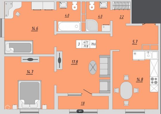 Продажа 3-комнатной квартиры 80 м², 12/24 этаж
