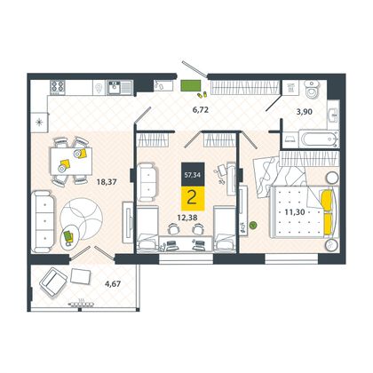 Продажа 2-комнатной квартиры 57,3 м², 3/8 этаж