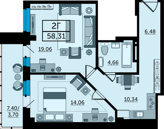 58,3 м², 2-комн. квартира, 24/27 этаж