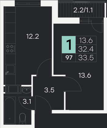 33,5 м², 1-комн. квартира, 8/9 этаж