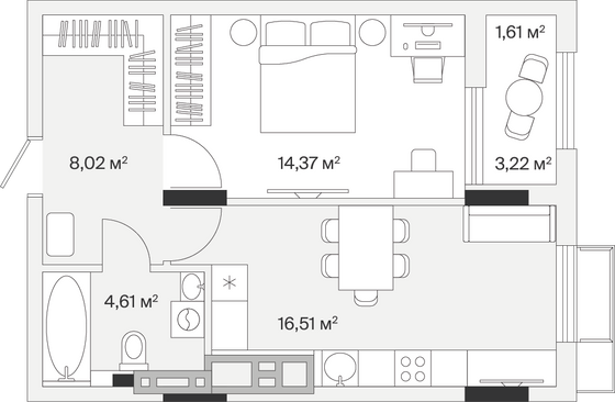 45,1 м², 1-комн. квартира, 5/7 этаж