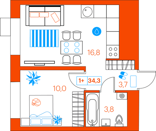 34,3 м², 1-комн. квартира, 19/21 этаж