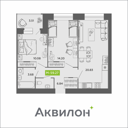 59,3 м², 2-комн. квартира, 11/11 этаж