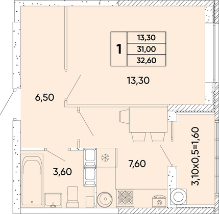 32,6 м², 1-комн. квартира, 5/6 этаж