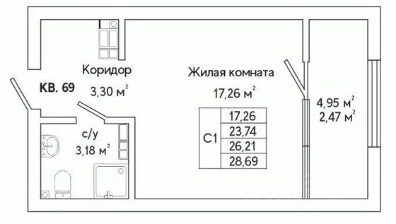 Продажа квартиры-студии 28,7 м², 7/25 этаж