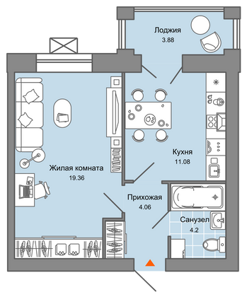 41 м², 1-комн. квартира, 4/6 этаж