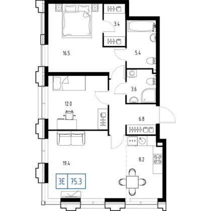 Продажа 3-комнатной квартиры 75,3 м², 9/9 этаж