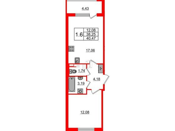 Продажа 1-комнатной квартиры 38,3 м², 2/4 этаж