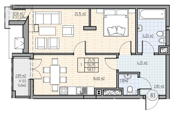 64,2 м², 1-комн. квартира, 7/7 этаж