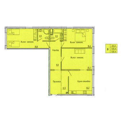 100,4 м², 3-комн. квартира, 4/18 этаж