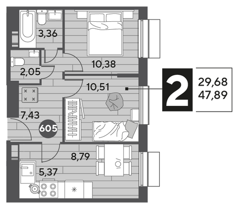 Продажа 2-комнатной квартиры 47,9 м², 9/15 этаж
