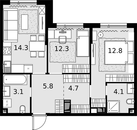 57,1 м², 2-комн. квартира, 26/28 этаж