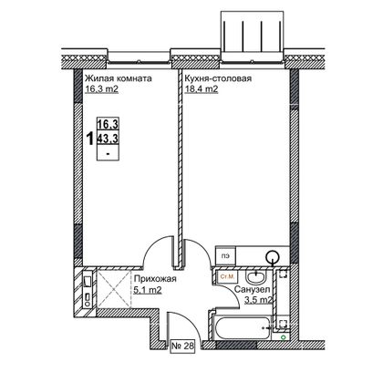 Продажа 1-комнатной квартиры 43,3 м², 4/24 этаж