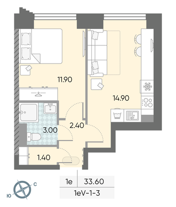 Продажа 1-комнатной квартиры 33,6 м², 3/58 этаж