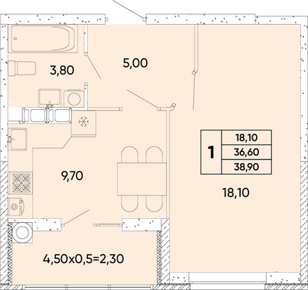 38,9 м², 1-комн. квартира, 4/8 этаж