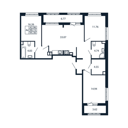 88,5 м², 3-комн. квартира, 1/13 этаж