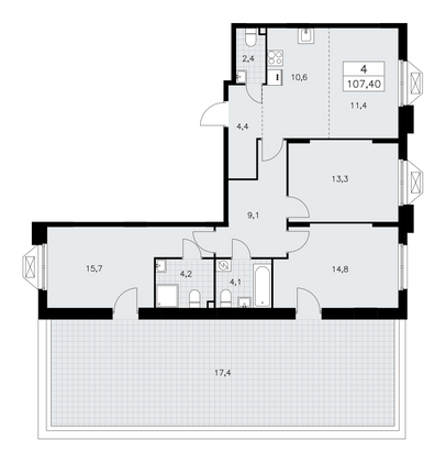 107,4 м², своб. планировка, 2/16 этаж