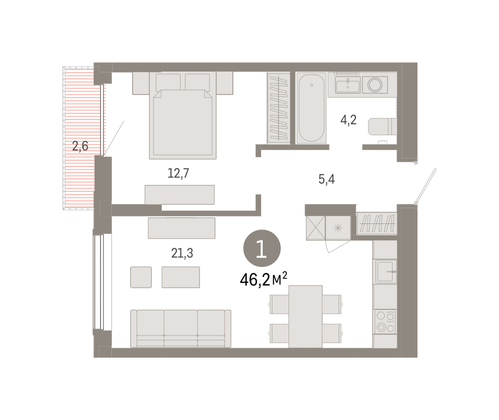 46,2 м², 1-комн. квартира, 10/17 этаж