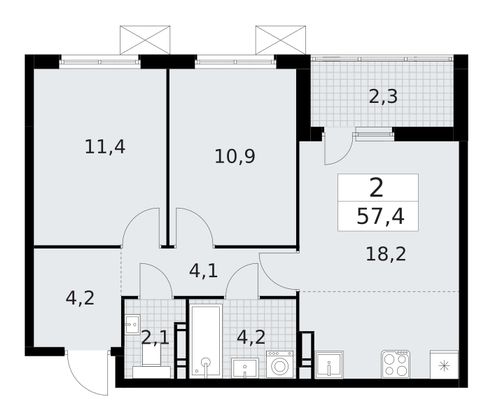 57,4 м², 2-комн. квартира, 9/12 этаж