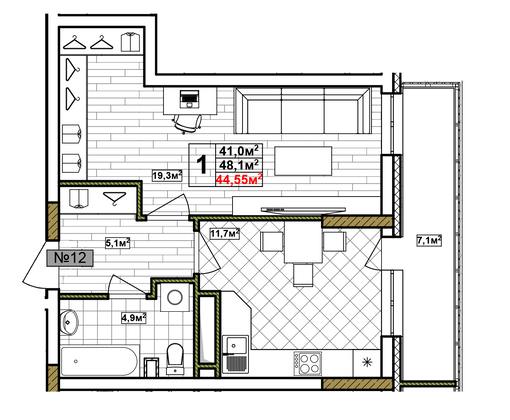 Продажа 1-комнатной квартиры 44,5 м², 3/17 этаж