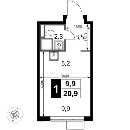 20,9 м², студия, 22/24 этаж