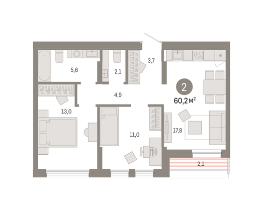 Продажа 2-комнатной квартиры 60,2 м², 9/9 этаж