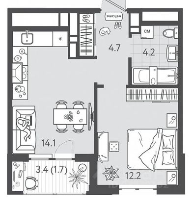 Продажа 1-комнатной квартиры 38,6 м², 3/23 этаж