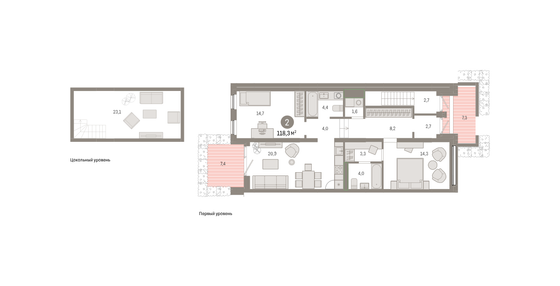 118,3 м², 2-комн. квартира, 1/8 этаж