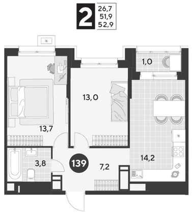 Продажа 2-комнатной квартиры 52,9 м², 12/21 этаж