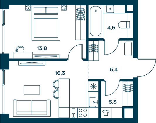 43,3 м², 1-комн. квартира, 23/29 этаж