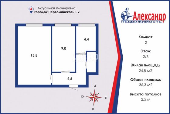 Продажа 2-комнатной квартиры 36,3 м², 2/3 этаж