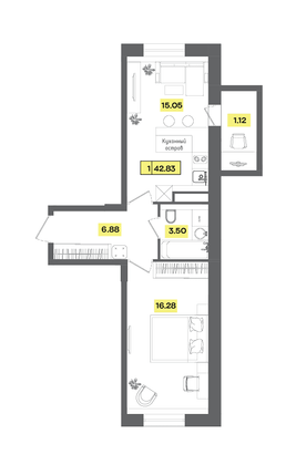 Продажа 2-комнатной квартиры 42,8 м², 6 этаж
