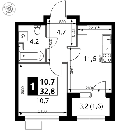 32,8 м², 1-комн. квартира, 2/18 этаж