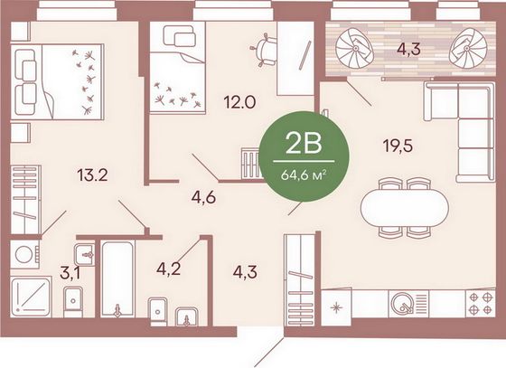 Продажа 2-комнатной квартиры 64,6 м², 4/17 этаж