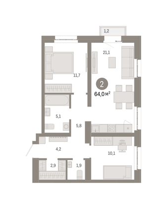 Продажа 2-комнатной квартиры 64 м², 13/16 этаж