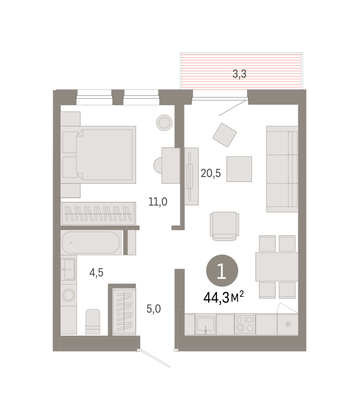 Продажа 1-комнатной квартиры 44,3 м², 3/9 этаж