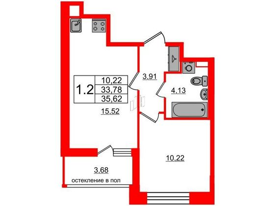 Продажа 1-комнатной квартиры 33,8 м², 1/9 этаж