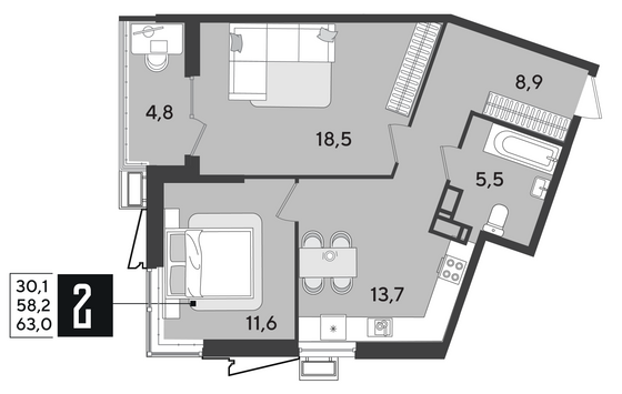 Продажа 2-комнатной квартиры 63 м², 18/18 этаж