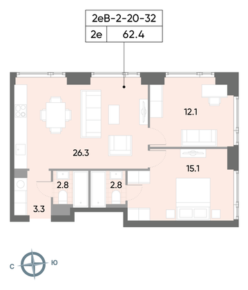 62,4 м², 2-комн. квартира, 28/52 этаж