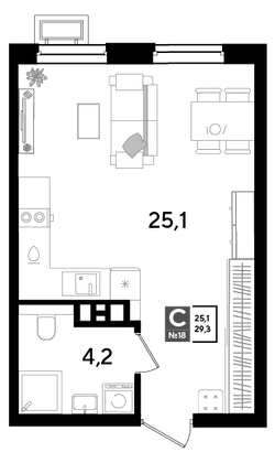 Продажа квартиры-студии 29,3 м², 3/18 этаж